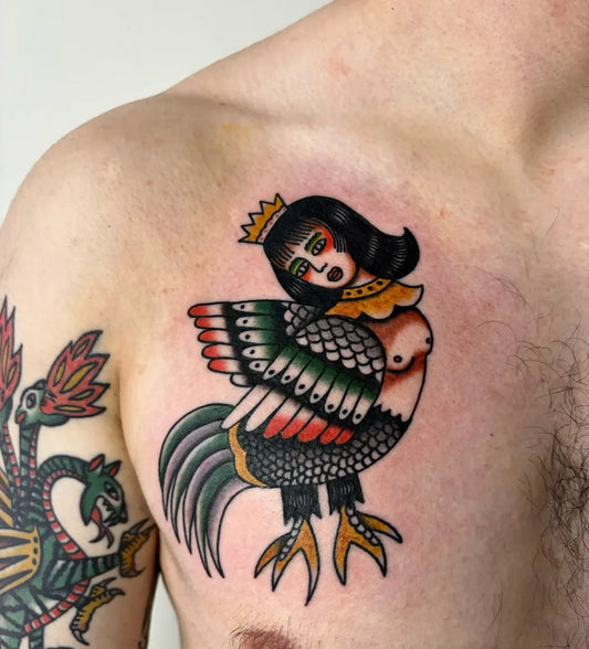 Big American Traditional Crowned Hybrid Woman Rooster Dragon on Men Arm Tattoo by @vlad_kondratev_unt