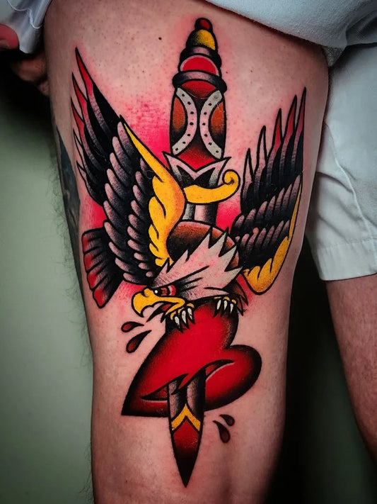 Big American Traditional Dagger Eagle Heart Tattoo on Men Thigh by @bubbo_tattoo