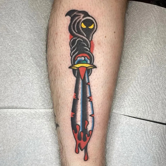 Big American Traditional Dagger Ghost Sword on Men Leg Tattoo by @traditionaltattoo_