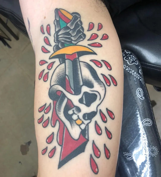 Big American Traditional Dagger Skull Blood on Men Arm Tattoo by @tattoovinnie