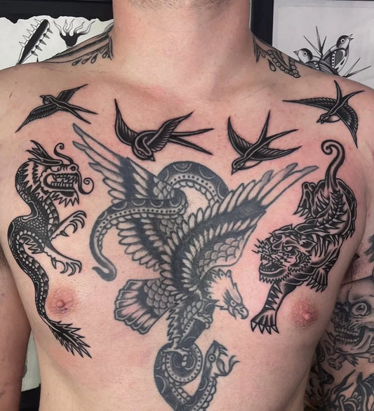 Big American Traditional Dragon Eagle Tiger on Men Chest Tattoo by @the.lovers.club.tattoo.parlour