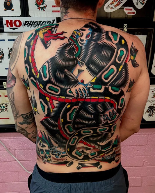 Big American Traditional Dragon Monkey Snake on Men Back Tattoo by @mannesstattoos