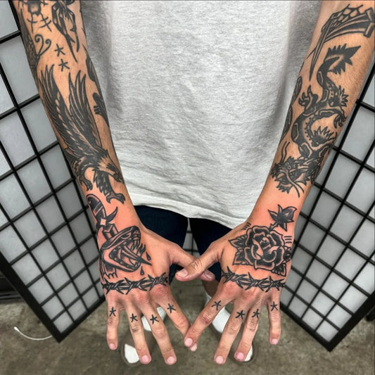 Big American Traditional Dragon Rose Eagle on Men Arms Tattoo by @jackxtattoo