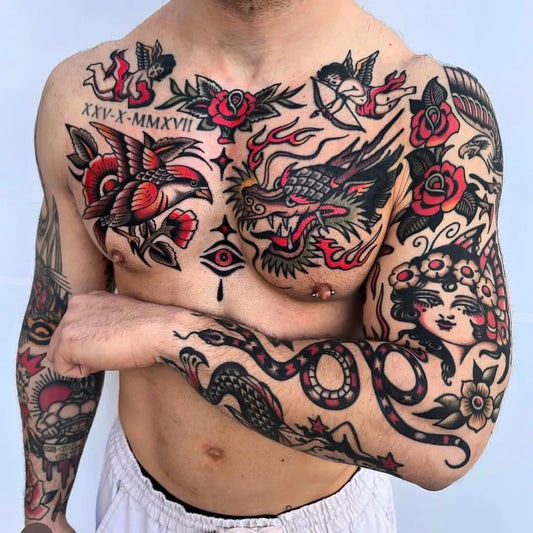Big American Traditional Dragon Roses on Men Chest Tattoo by @traditionalstattoos