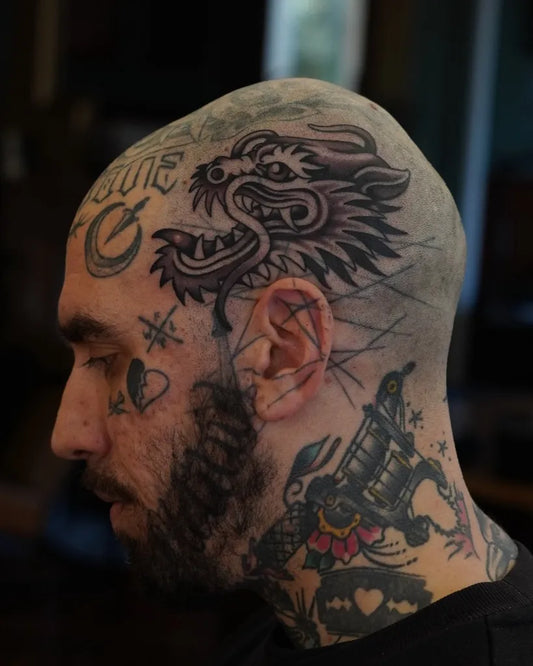 Big American Traditional Dragon Ship Heart Tattoo on Men Head by @deirotattoo