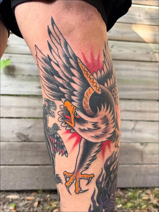 Big American Traditional Eagle Flaming Tattoo on Men Thigh by @ryan_strayer_tattoo