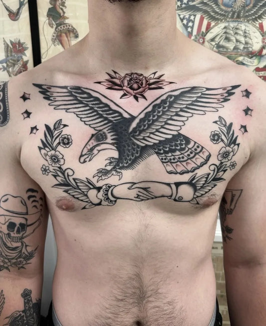 Big American Traditional Eagle Rose Banner on Men Chest Tattoo by @nicholasleetattoo