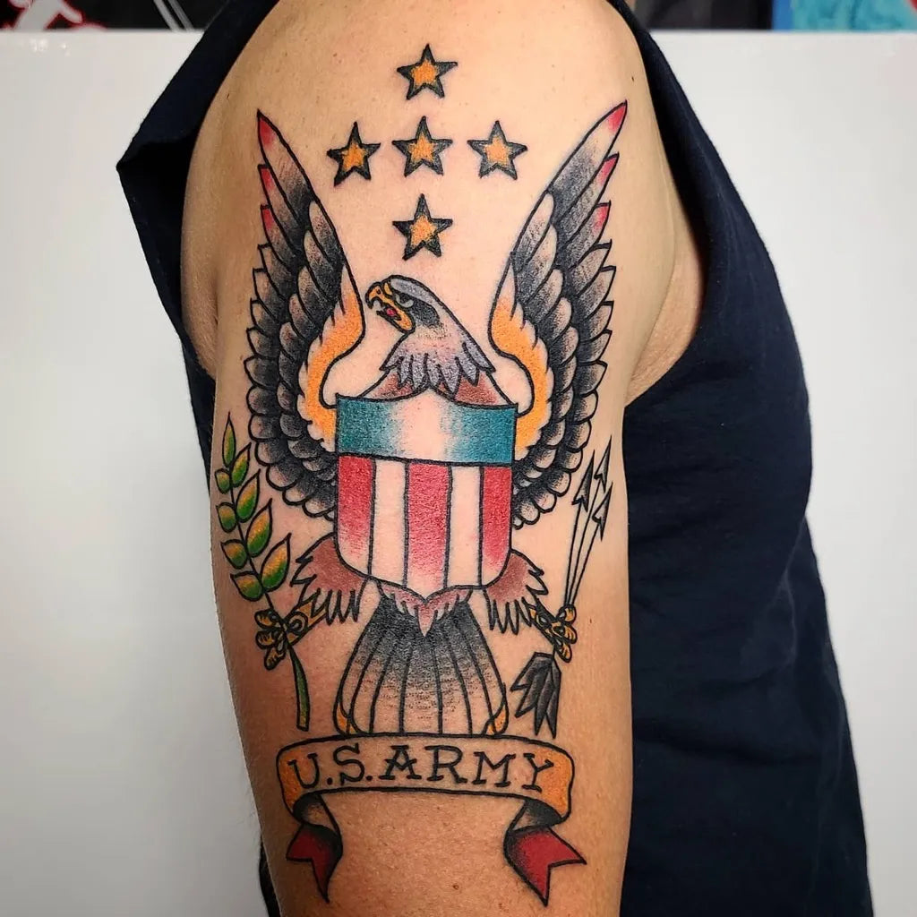 Big American Traditional Eagle Shield Banner Military Tattoo on Men Arm by @vicious101