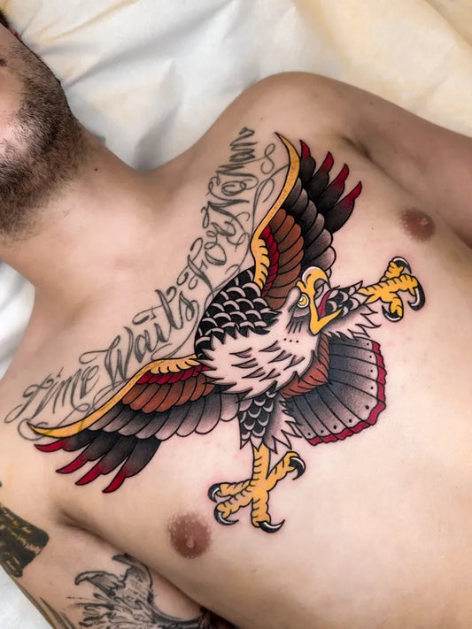 Big American Traditional Eagle Time Waits for No One on Men Chest Tattoo by @alex17tattoo