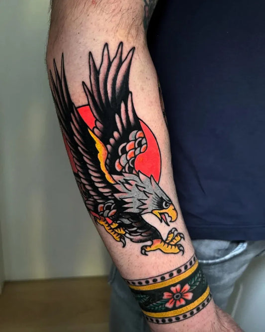Big American Traditional Eagle with Red Sun Tattoo on Men Arm by @probodysupply