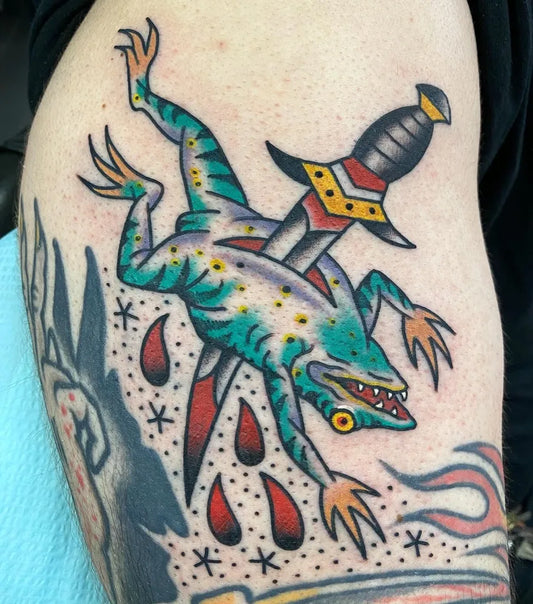 Big American Traditional Frog Stabbed by @Dagger on Men Arm Tattoo by @tommy_wenzell_tattoos