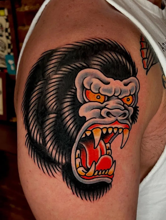 Big American Traditional Gorilla Tattoo on Men Arm by @stevefawleytattoos