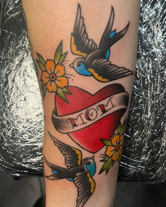 Big American Traditional Heart with Mom Banner Swallows Flowers on Women Arm Tattoo by @marlontat2