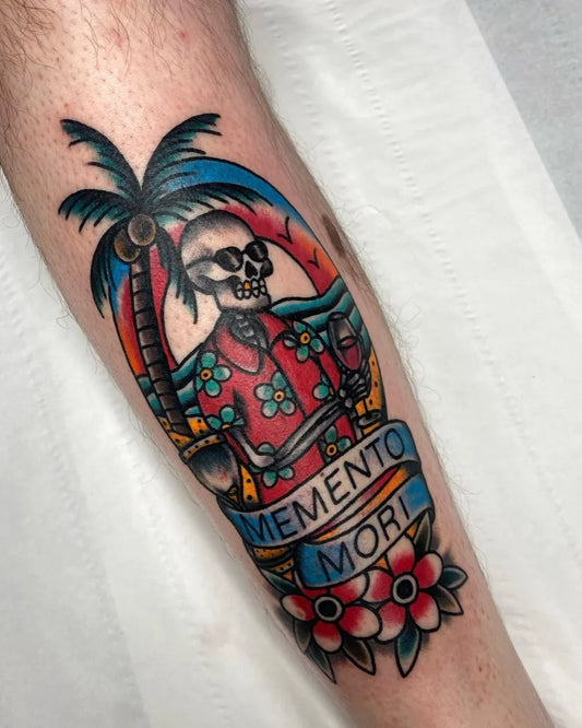 Big American Traditional Memento Mori Skeleton on Men Forearm Tattoo by @blacksailstattoostudio