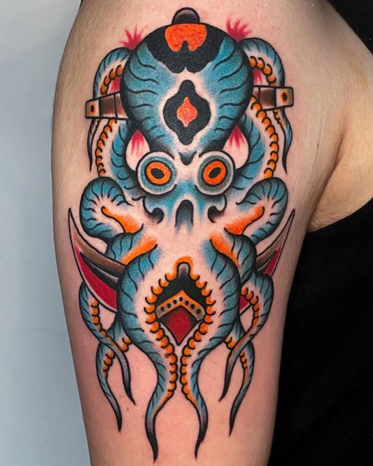 Big American Traditional Octopus Sword Nautical Tattoo on Women Upper Arm by @matthowse
