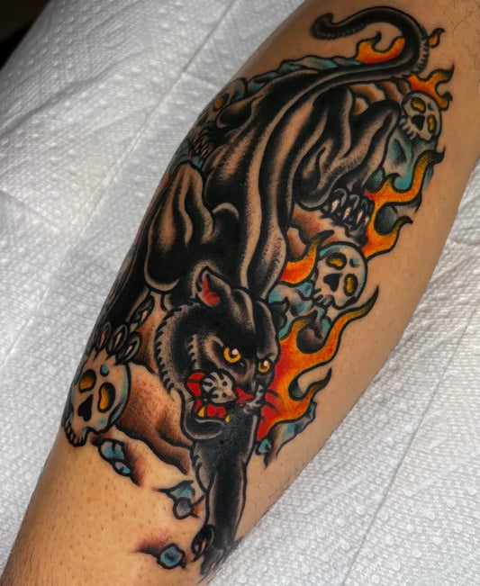 Big American Traditional Panther Skulls Flames on Men Leg Tattoo by @gabagooltattoos
