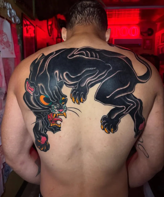 Big American Traditional Panther Tattoo on Men Back by @woojintattoo