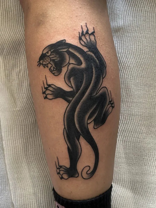 Big American Traditional Panther Tattoo on Men Leg by @jakelocky_tattoo
