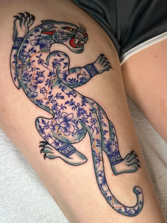 Big American Traditional Panther on Women Thigh Tattoo by @sacredtattoonyc