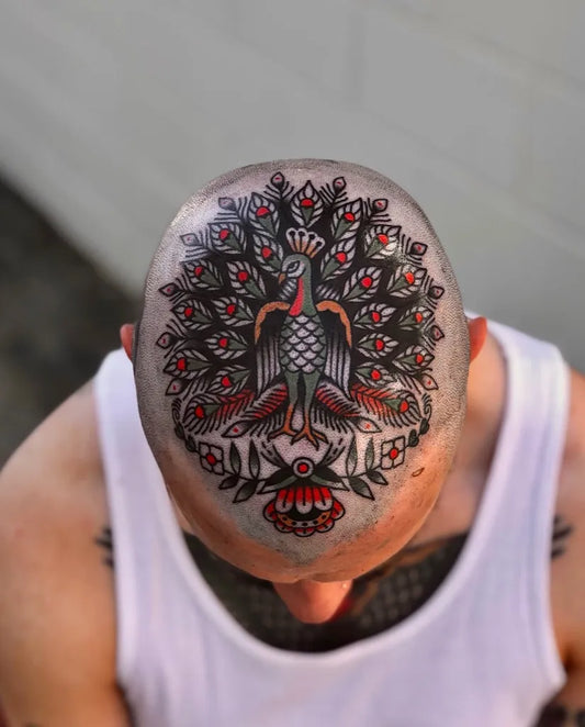 Big American Traditional Peacock Tattoo on Men Head by @badlittleyou