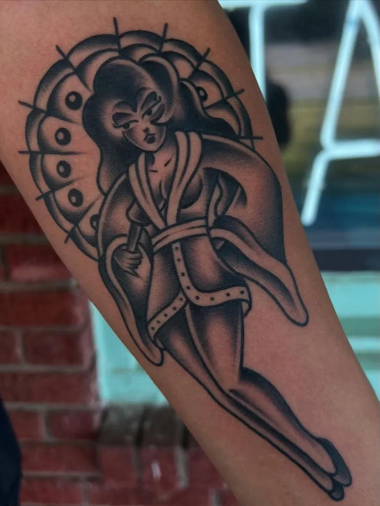Big American Traditional Pin Up Girl with Parasol Tattoo on Women Arm by @mattalexandertattoo