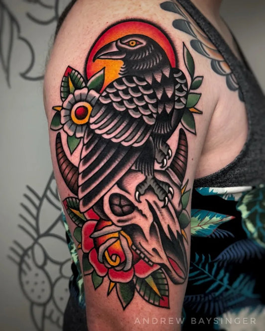 Big American Traditional Raven Skull Rose on Women Arm Tattoo by @andrewbtattooer