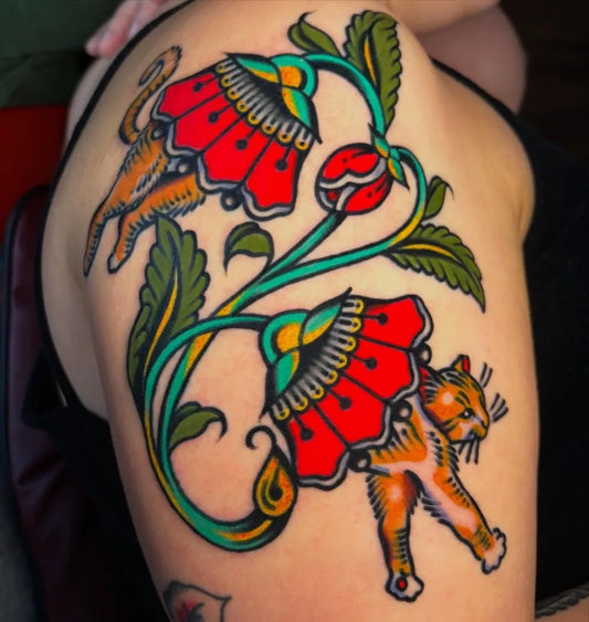 Big American Traditional Red Poppies and Tiger Cats on Women Shoulder Tattoo by @batsforbrains