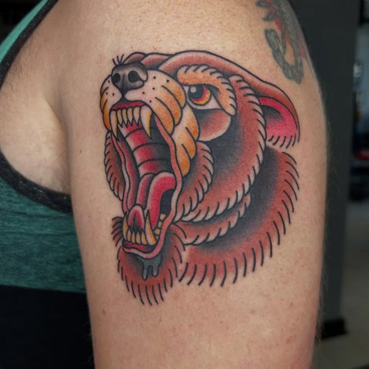 Big American Traditional Roaring Bear on Women Arm Tattoo by @bhoneybuns