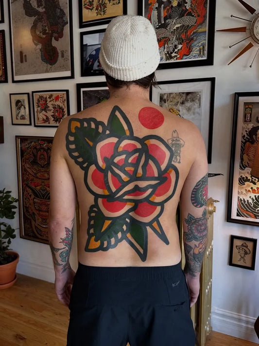 Big American Traditional Rose Leaves on Men Back Tattoo by @jitanforcier