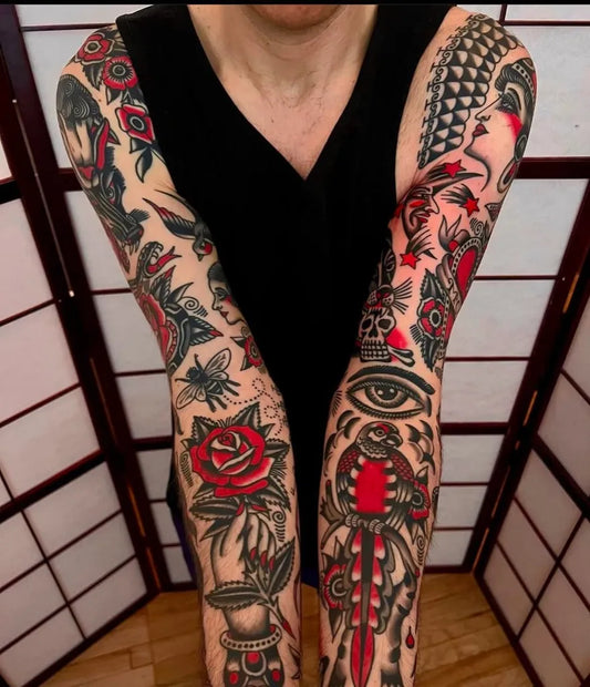 Big American Traditional Rose Skull Bird on Women Arm Tattoo by @traditionaltattooink