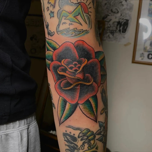 Big American Traditional Rose on Men Arm Tattoo by @p.m_alaboo