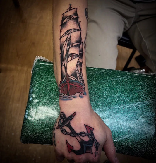 Big American Traditional Sailing Ship and Anchor Nautical Tattoo on Men Arm by @tuff_tatz