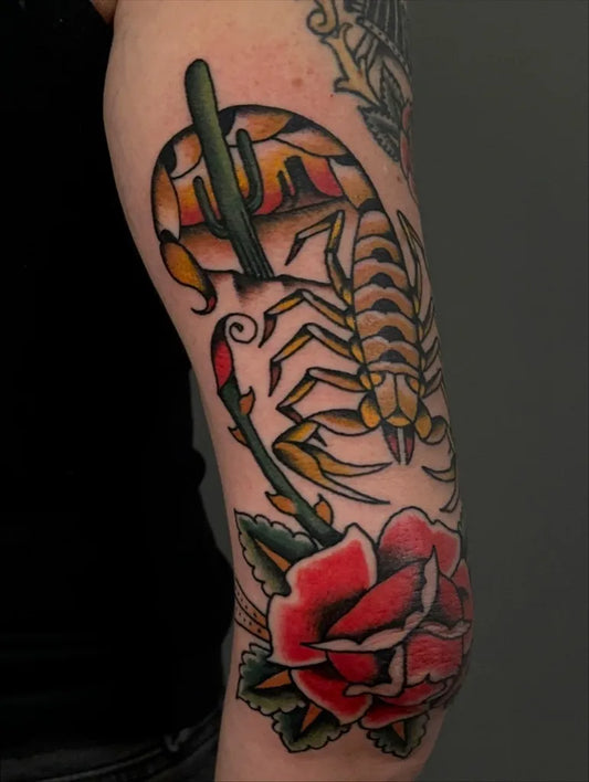 Big American Traditional Scorpion Cactus Rose on Women Arm Tattoo by @tattoopaulski