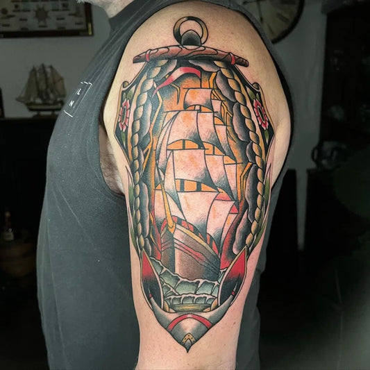 Big American Traditional Ship Anchor Rope Nautical Tattoo on Men Shoulder by @waynestofbergtattooer