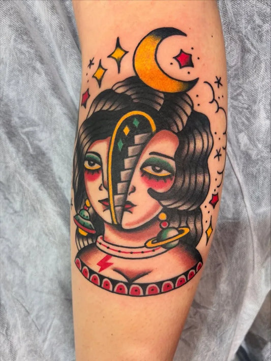 Big American Traditional Split Face Woman with Crescent Moon on Women Arm Tattoo by @suziq70