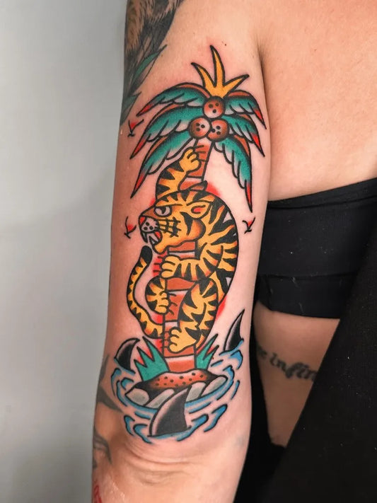 Big American Traditional Tiger Palm Tree Shark on Women Arm Tattoo by @hbsc_bali