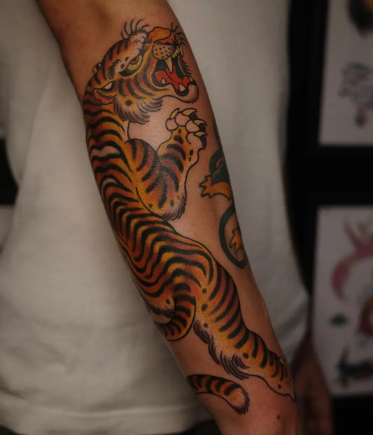 Big American Traditional Tiger on Men Arm Tattoo by @espo926