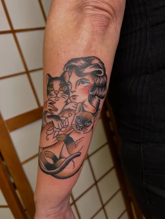 Big American Traditional Woman with Cats on Women Arm Tattoo by @jrtattos