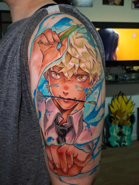 Big Anime Blonde Boy with Brush on Men Arm Tattoo by @emasancheztatts