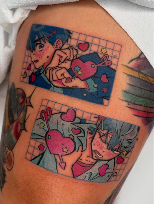Big Anime Blue Haired Boys on Women Thigh Tattoo by @chuuyainks