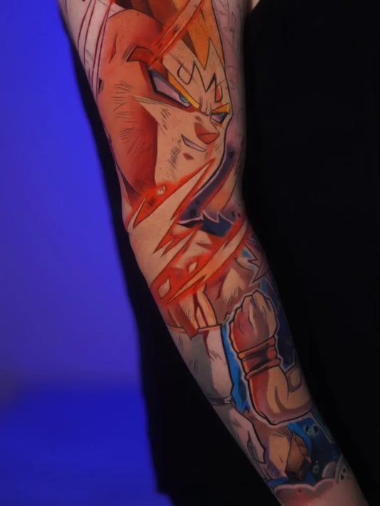 Big Anime ExplosiveCharacter on Women Arm Tattoo by @moncotattoo