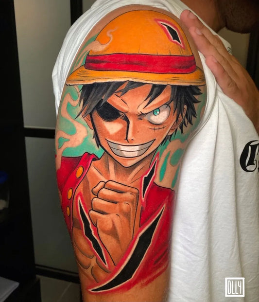 Big Anime Luffy on Men Shoulder Tattoo by @ollytattoos