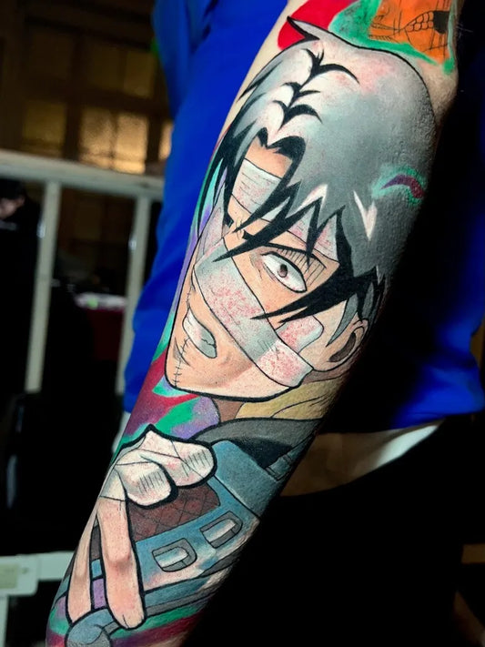 Big Anime Masked Character on Men Arm Tattoo by @merameratattoo