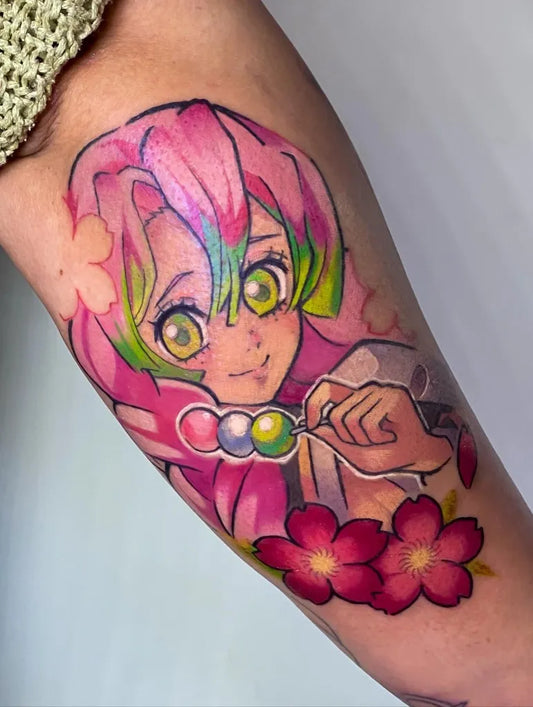 Big Anime Nezuko with Cherry Blossoms on Women Arm Tattoo by @ink.yokai