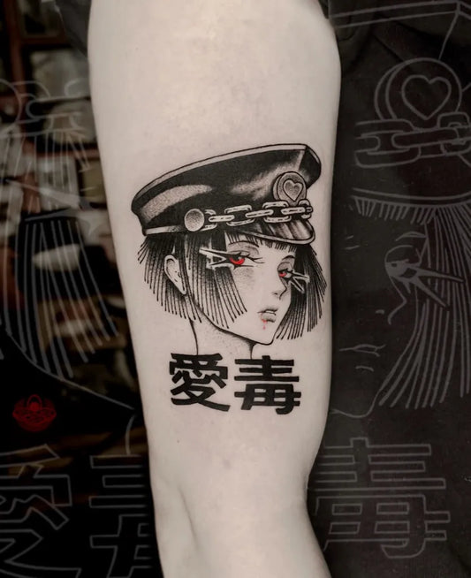 Big Anime Police Girl with Kanji on Women Arm Tattoo by @adams_ramen
