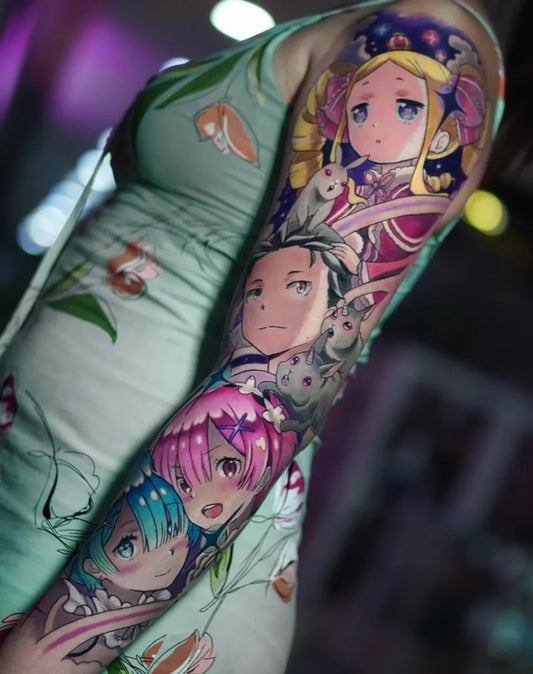 Big Anime ReZero Characters on Women Arm Tattoo by @arango_art