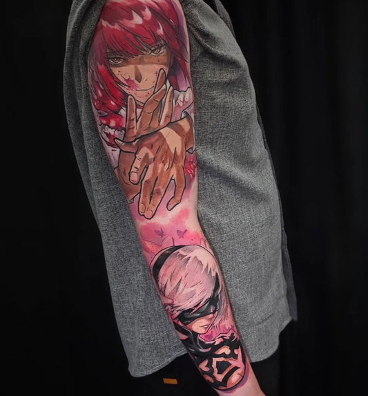 Big Anime Red Haired Girl and White Haired Boy on Men Arm Tattoo by @codygower88