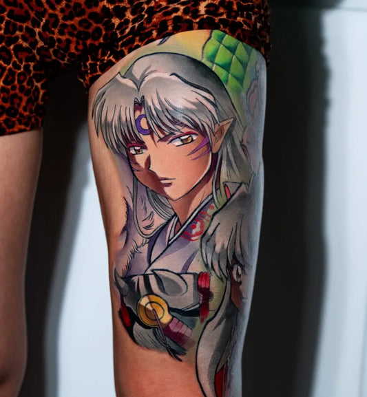 Big Anime Sesshomaru on Women Thigh Tattoo by @thomasabrams