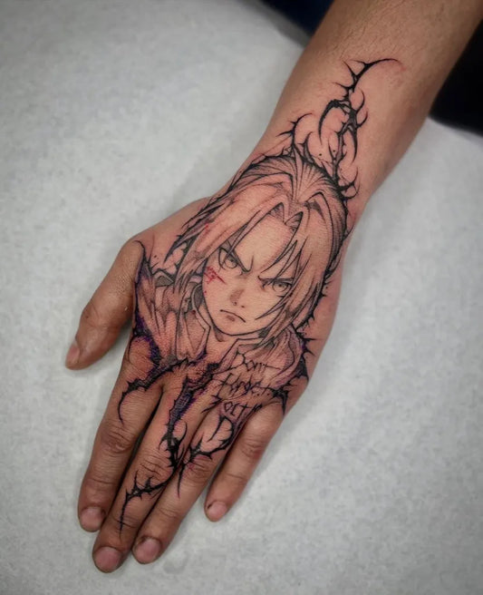 Big Anime Style Hellboy Character on Men Hand Tattoo by @nekotattu