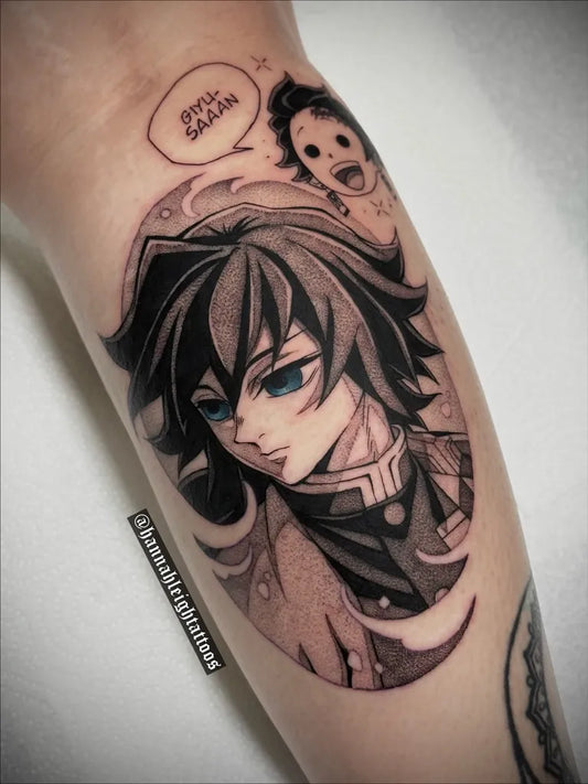 Big Anime Style Muichiro Tokito with Tanjiro Kamado on Women Arm Tattoo by @hannahleightattoos